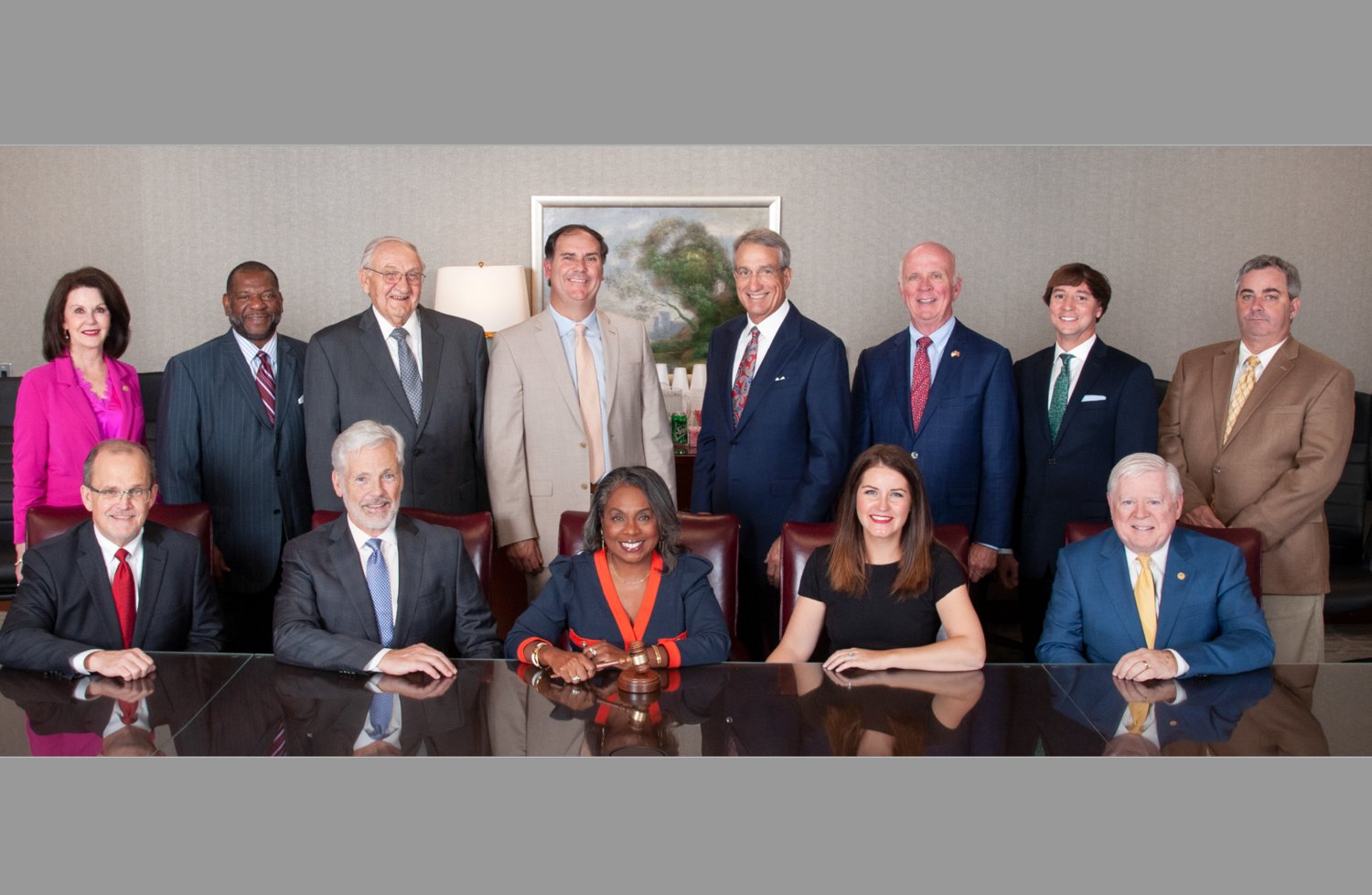 Pictured are, seated from left, Sam Kelly, Brunini; Vice Chairman John Geary, Copeland Cook Taylor & Bush; Chairman Supt. Charlotte Seals. Madison County Schools; Secretary-Treasurer Katie Bryant Snell, Bryant, Songy, Snell; Immediate Past Chairman Ray Balentine, Michael Baker, International (Standing) Jan Collins, Executive Director Madison County Business League & Foundation; Alveno Castilla, Butler Snow; Doug Jones, MCEDA Appointee; Wint McGee, MCEDA Appointee; Gerard Gibert, MCEDA Appointee; Dr. Ronnie McGehee, McGehee, LLC : Chris Roberts, BankPlus; and Stan Wright, Neel-Schaffer. Not pictured are Carl Watts, Olde Towne Cleaners, Calvin Harris, MCEDA Appointee; Dr. Phyllis Johnson, MS Board of Nursing; Nicky Cobb, Renasant Bank